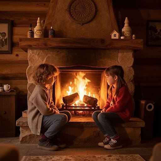 Photograph of two young girls, one in a beige sweater, the other in a red shirt, sitting in front of a cozy, roaring fireplace in