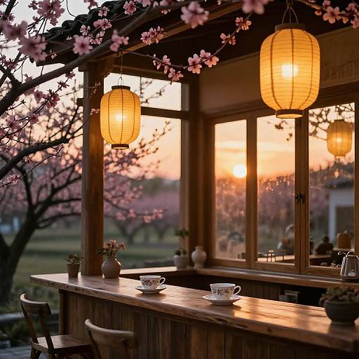 Photograph of a wooden outdoor bar at sunset, adorned with pink cherry blossoms, warm paper lanterns, and floral cups.