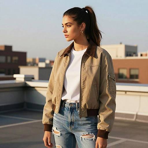 Photograph of a young woman with dark hair in a ponytail, wearing a tan bomber jacket, white t-shirt, and ripped jeans, standing on