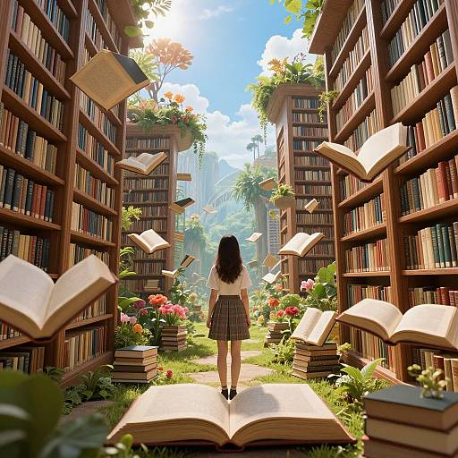 Digital illustration of a girl with long black hair, white top, gray skirt, standing between floating books in a sunlit, greenery-filled library aisle