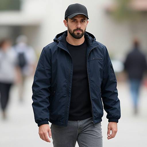 Photograph of a bearded man with medium build, wearing a black cap, black jacket, black shirt, and gray pants, walking outdoors with a