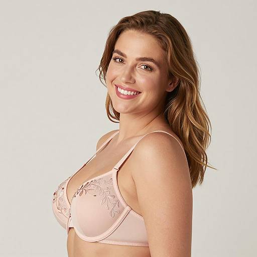Smiling Woman in Nude Embroidered Bra