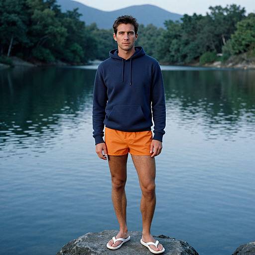 Photograph of a young man with short dark hair, wearing a navy hoodie, bright orange shorts, and white flip-flops, standing on a rock