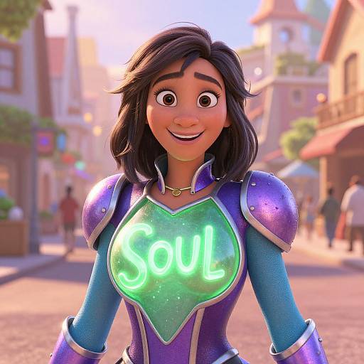 3D CGI image of a smiling, dark-haired woman in purple and blue armor with a glowing neon 