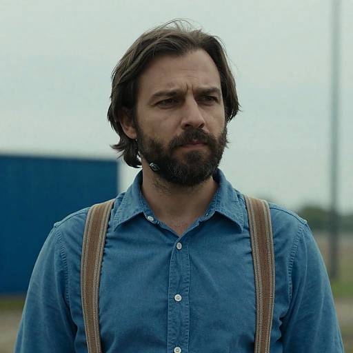 Middle-aged Man in Blue Shirt with Suspenders