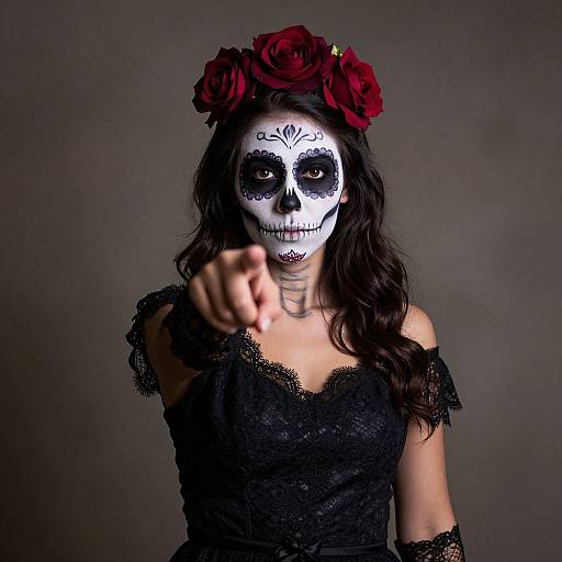 Photograph of a woman with white sugar skull face paint, black lace dress, red flower crown, and dark wavy hair, pointing forward against a