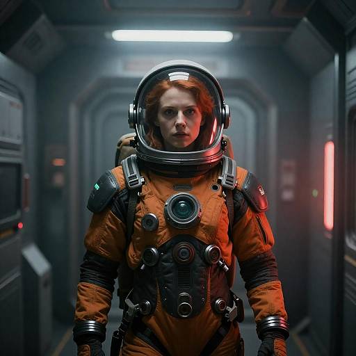 Red-Haired Astronaut in Dim Corridor