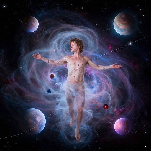 Digital art of a tattooed, nude man with curly hair, floating in space surrounded by swirling blue energy and multiple planets.
