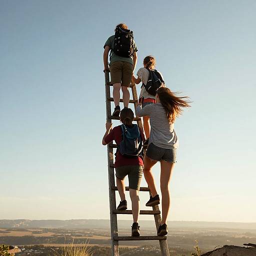 Photograph of four hikers, silhouetted against a bright sunset, climbing a metal ladder on a mountain, with a vast landscape below.