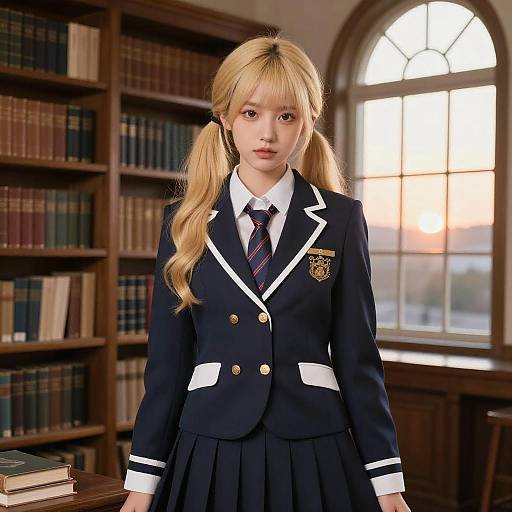 Young woman in navy blue school uniform in library