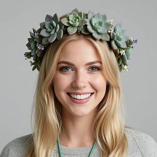 Photograph of a smiling blonde woman with light skin, wearing a green succulent and lavender flower crown, gray sweater, and green necklace, against a