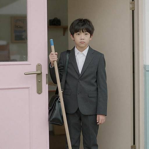 Young Boy in Suit with Broom
