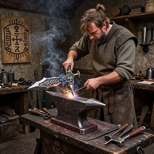 Photograph of a bearded blacksmith with messy hair, wearing a woolen apron, striking a glowing red-hot metal with a hammer in a
