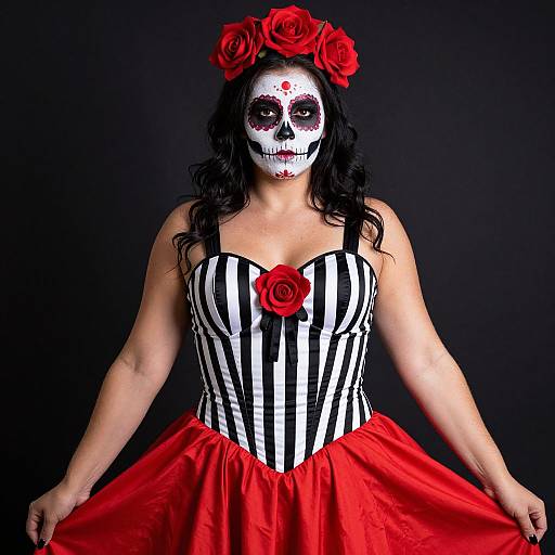 Photograph of a woman in black-and-white striped corset, red skirt, red roses, and Day of the Dead face paint, holding skirt,