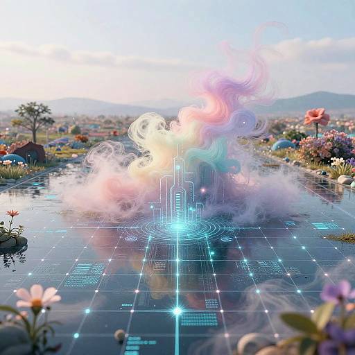 Digital artwork: futuristic, glowing blue grid path in a vibrant, flower-filled garden, with swirling pastel smoke and a bright, sunny sky in the