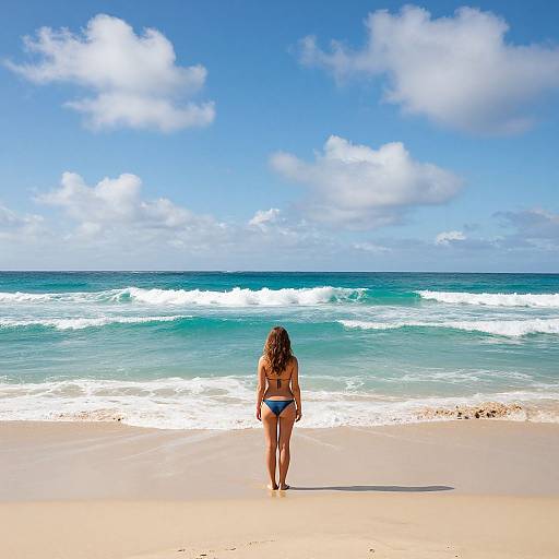 Photograph of a woman in a blue bikini standing on a sandy beach, facing the vibrant blue ocean with white waves under a bright, partly cloudy sky
