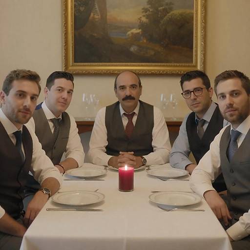 Group of Men Sitting at Dinner Table with Candle