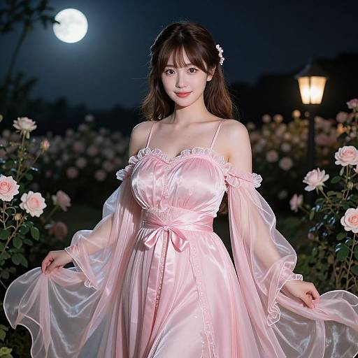 Woman in Pink Gown Moonlit Garden