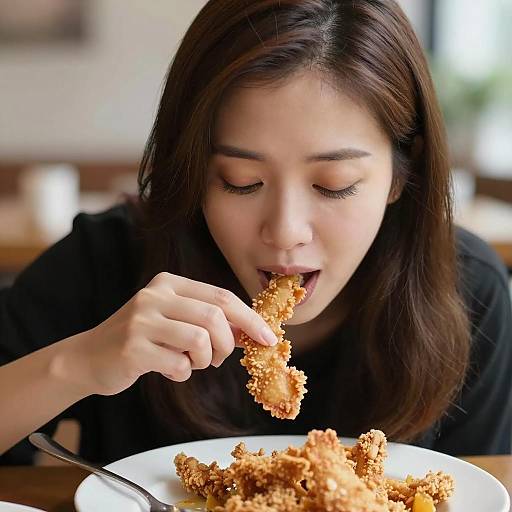 Focused Asian Woman Enjoying Fried Food