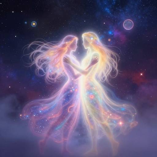Digital artwork of two ethereal, glowing, long-haired figures embracing in a cosmic night sky, surrounded by stars and nebulae. Bright light eman