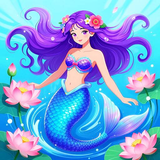 Vibrant digital illustration of a purple-haired mermaid with blue scales, pink flower crown, pink lotus flowers, and a blue seashell
