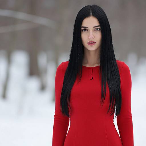Woman in Red Dress Snow Portrait