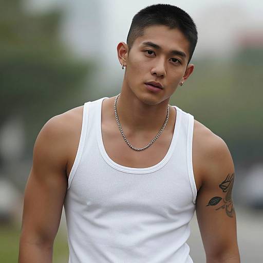 Photograph of an Asian man with short black hair, wearing a white tank top, silver chain necklace, and a tattoo on his right arm, standing