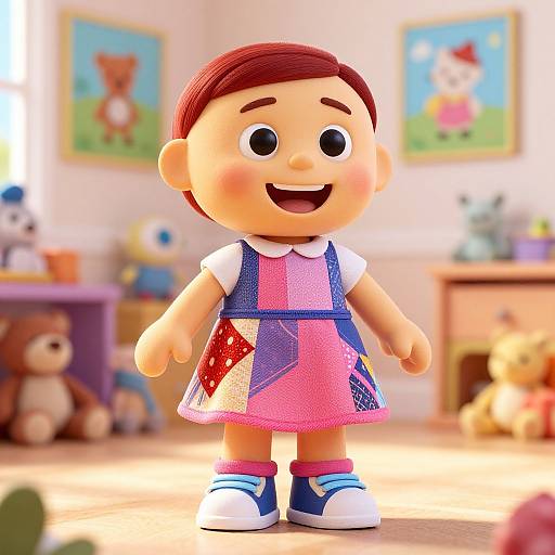 3D CGI cartoon child with red hair, pink and blue patchwork dress, white shirt, blue socks, smiling in a bright, toy-filled room