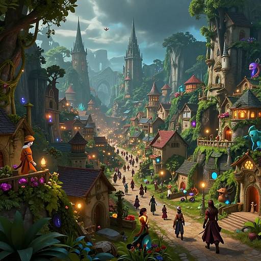 Fantastical CGI scene of a vibrant, fairy-tale village with glowing lights, medieval buildings, and a bustling cobblestone street, surrounded by