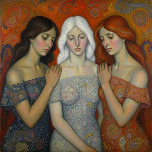 Digital painting of three women with fair skin, long hair—one black, one white, one red—in ornate, off-shoulder dresses, touching