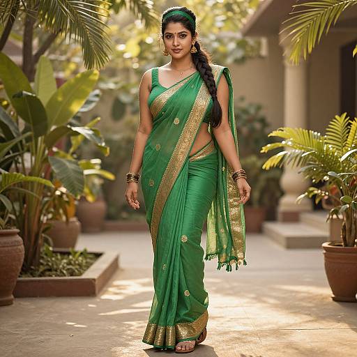 Photograph of a beautiful Indian woman in a green saree with gold trim, black hair in a braid, standing confidently in a sunlit garden