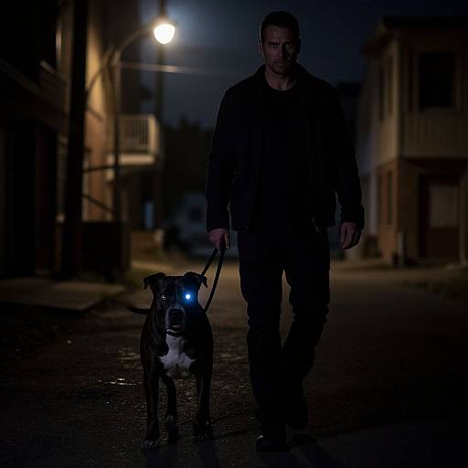 Photograph of a muscular man in dark clothes walking a black dog with glowing blue eyes on a rain-soaked, dimly-lit urban street at