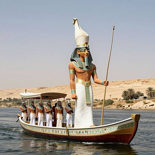 Photograph of an ancient Egyptian pharaoh-like figure in white headdress and kilt, standing in a decorated boat with crew, sailing on a river