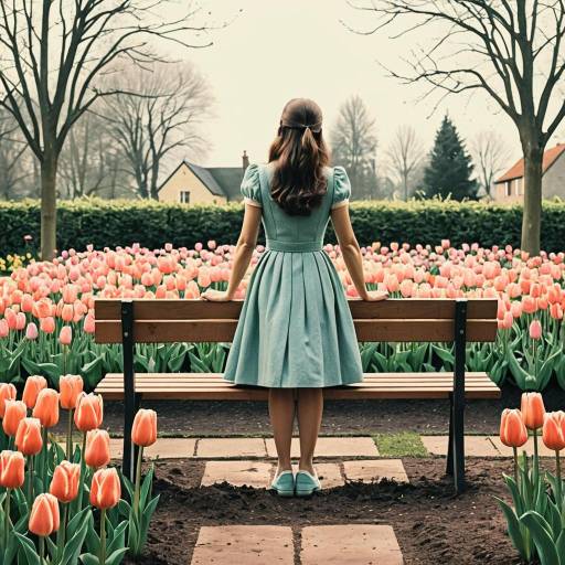 Woman in Retro Dress Standing by Garden Bench with Tulips Woman in Retro Dress Standing by Garden Bench with Tulips
