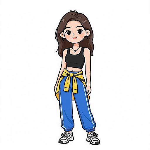 Digital cartoon of a young woman with long brown hair, wearing a black crop top, blue baggy pants, yellow jacket tied around waist, and white