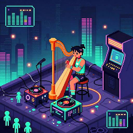 Neon Pixel Art Punk Harpist