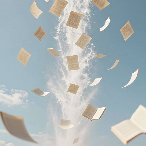 Photograph of beige, fluttering papers and white feathers against a bright blue sky with scattered clouds, creating a whimsical, floating effect.