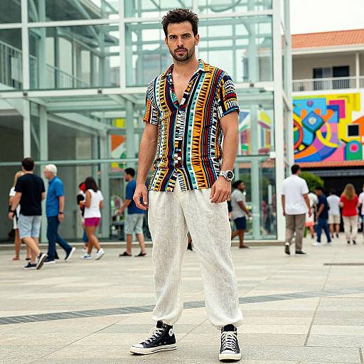 Photograph of a bearded man with dark hair, wearing a colorful, patterned shirt, white pinstripe pants, and black sneakers, standing
