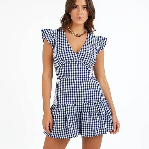 Photograph of a brunette woman wearing a blue and white gingham dress with a deep V-neck and flared skirt, accessorized with a gold chain