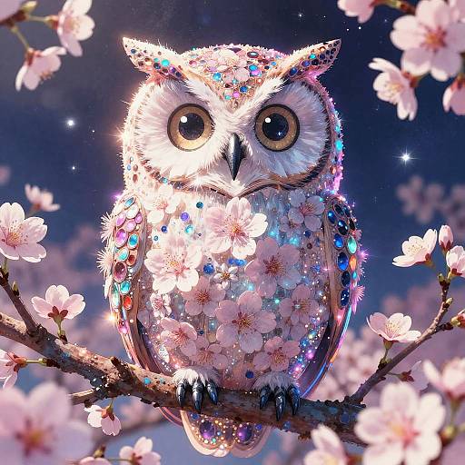 Magical Owl Composed of Cherry Blossoms