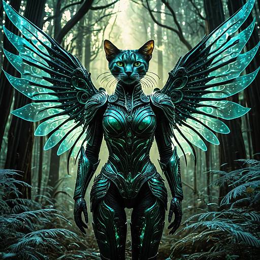 Ethereal Feline Spirit with Bioluminescent Wings in Forest