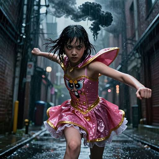 Photograph of a determined Asian girl in a pink, shiny, cat-themed costume running in a rainy, narrow urban alleyway with dark, wet brick