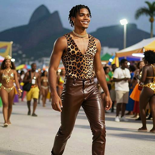Photograph of a smiling Black man with dreadlocks, wearing a leopard print tank top and brown leather pants, at a lively beach festival with colorful lights