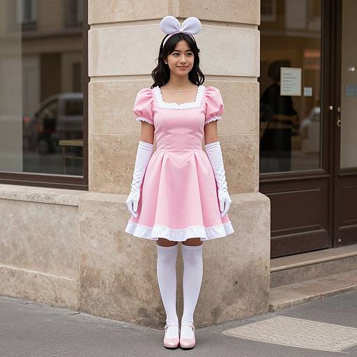 Photograph of a young woman with medium-length black hair, wearing a pink puffed-sleeve dress, white gloves, white thigh-high socks,