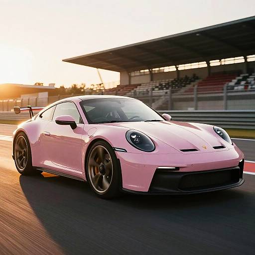 Photograph of a sleek, pink Porsche 911 racing car with black rims on a racetrack during sunset, with blurred grandstands in the background