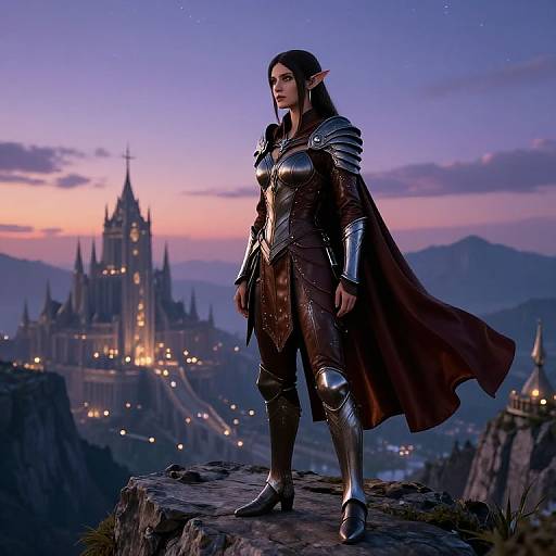 Epic digital art of a fierce, dark-haired elf woman in shiny silver armor and brown cape, standing on a rocky cliff at twilight, with a