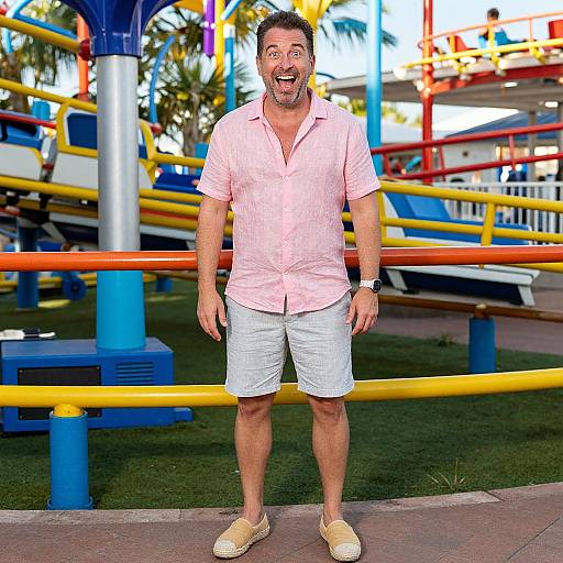 Photograph of a middle-aged man with short brown hair, wearing a pink shirt, white shorts, and beige sandals, laughing joyfully in front of