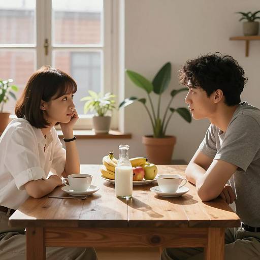 Sunlit Conversation at a Wooden Table