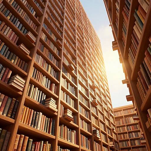Photograph of a sunlit library with tall wooden bookshelves filled with colorful books, creating a warm, golden-hued corner view.