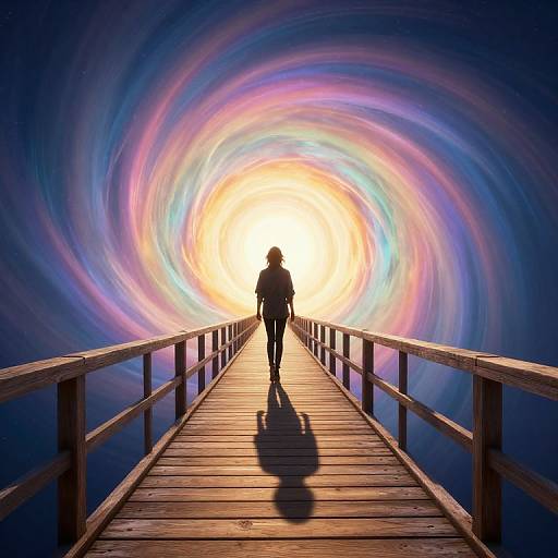 Silhouetted person walks on wooden pier towards radiant, swirling vortex of colorful light, casting shadow on plank path. Digital art.